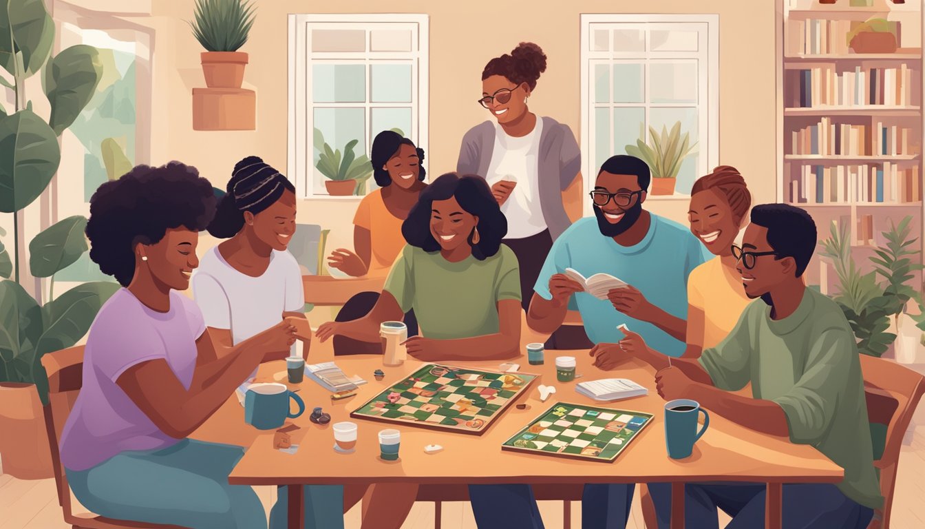 A group of diverse individuals engage in various social activities such as playing board games, hiking, gardening, and attending a book club, emphasizing connection without food