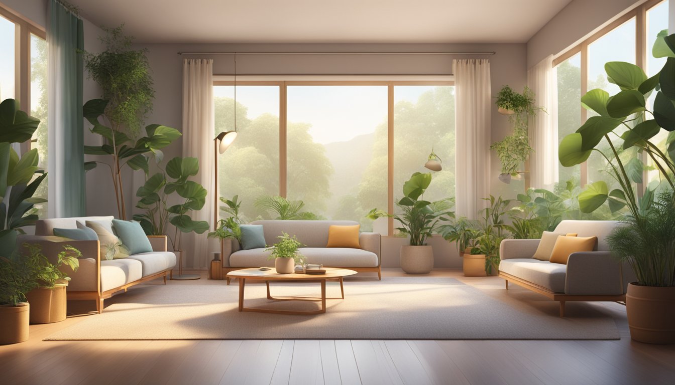 A serene room with soft lighting and comfortable seating, surrounded by plants and soothing nature sounds