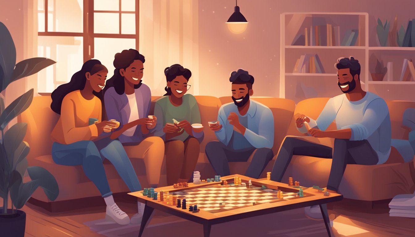 A group of friends playing board games and laughing together at a cozy living room with comfortable seating and warm lighting