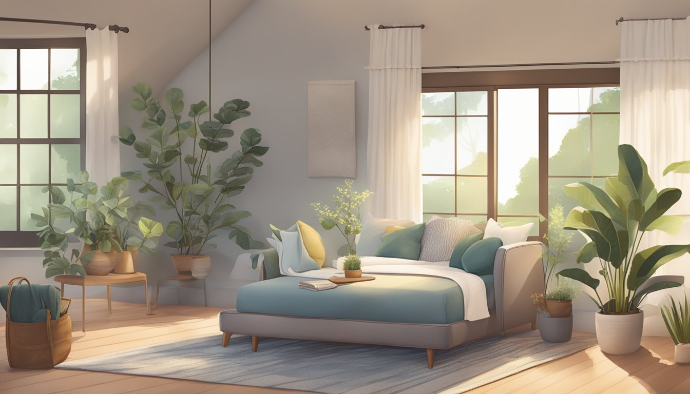 A serene setting with calming elements such as nature, soft lighting, and comforting objects like blankets and pillows