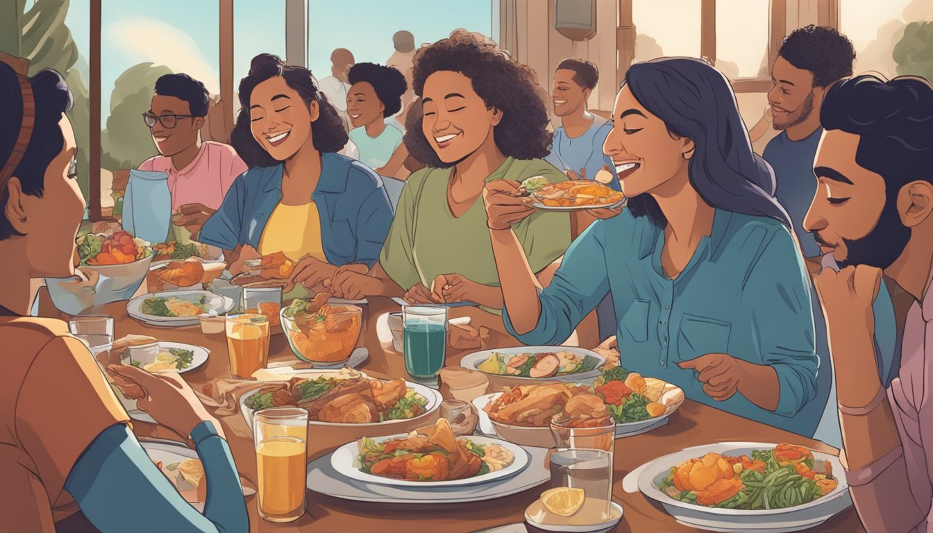 A person sitting at a table, surrounded by friends and family, calmly savoring each bite of their meal, while others engage in lively conversation