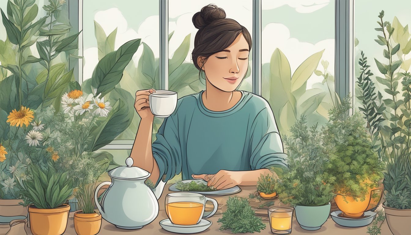 A person sits at a cozy table, sipping herbal tea from a delicate cup, surrounded by a variety of calming herbs and plants