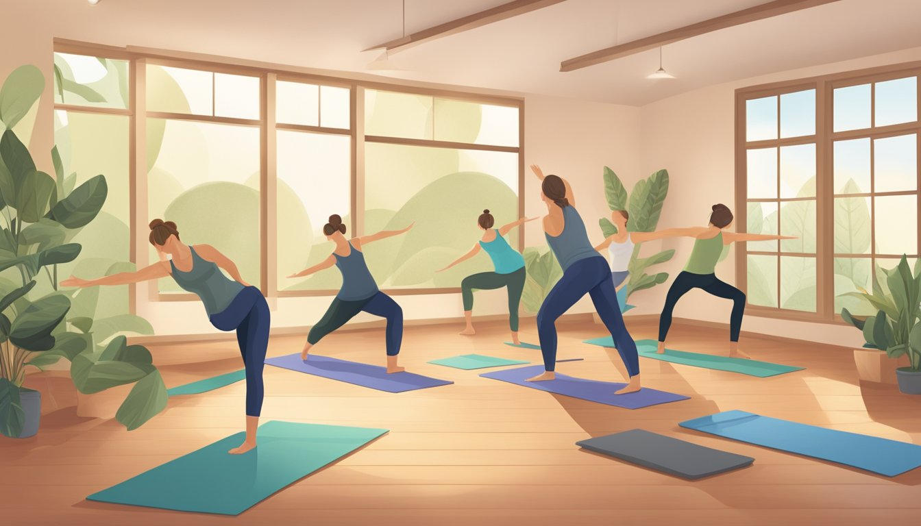 A serene yoga studio with six different yoga poses being performed, each one focused on aiding digestion