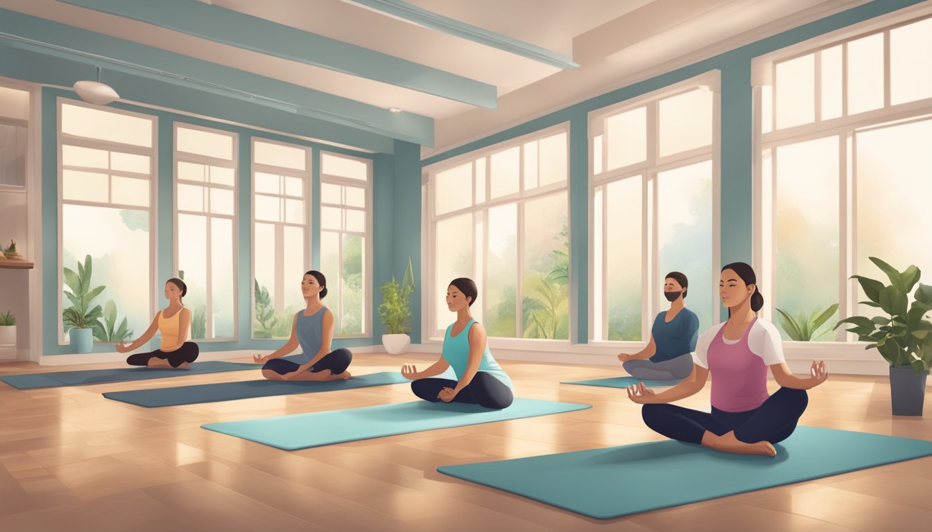 A serene yoga studio with six different yoga poses being performed, while a medical professional administers a weight loss injection in the background