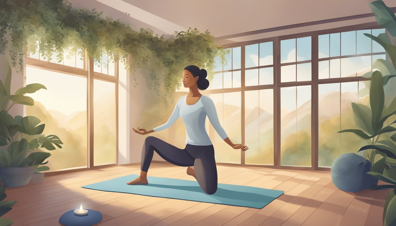 A serene yoga studio with a person in a peaceful yoga pose surrounded by calming colors and natural elements