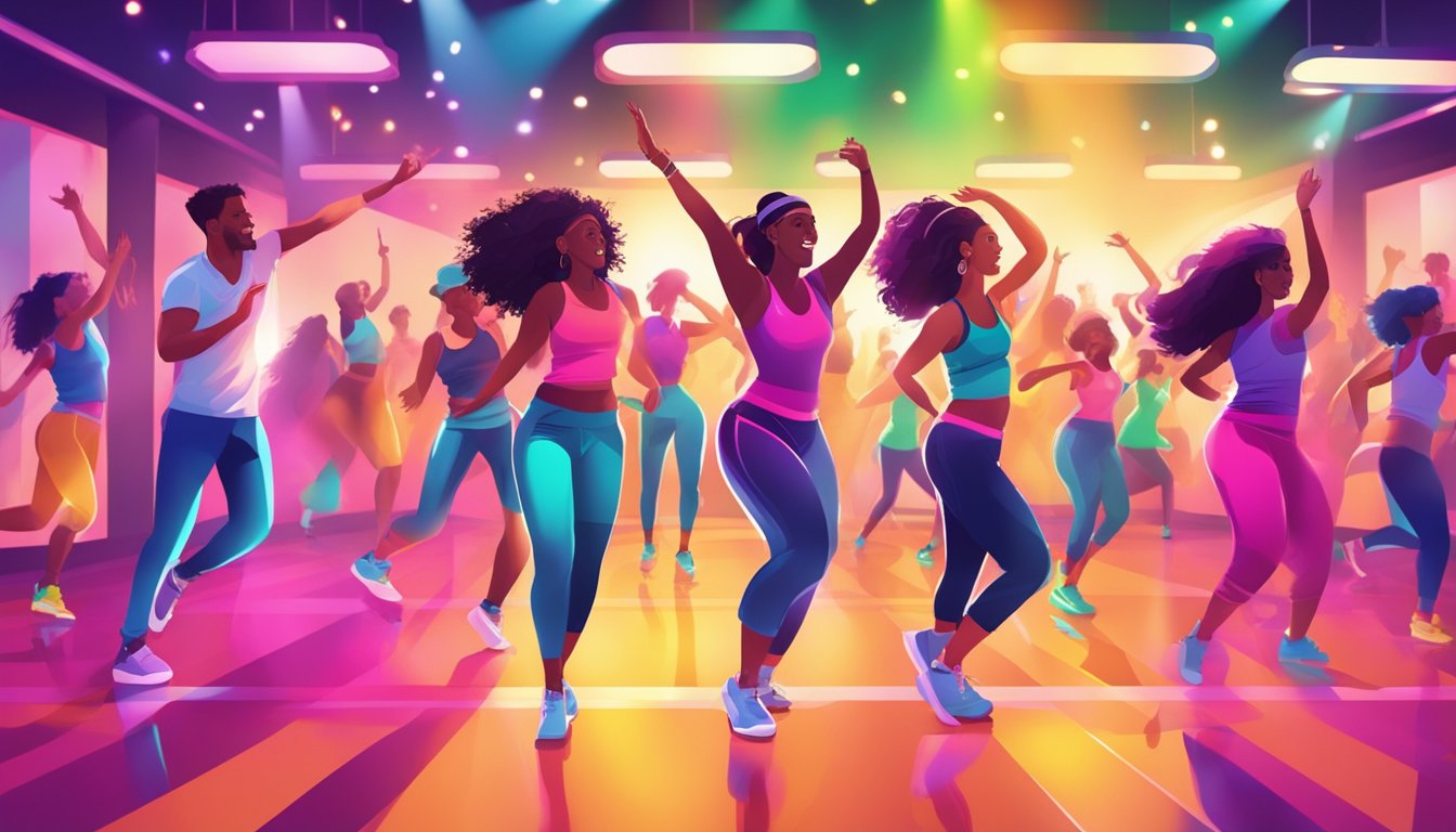 A vibrant Zumba class with energetic participants dancing to lively music in a colorful studio with mirrors and disco lights