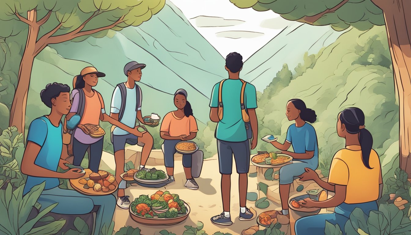 A person standing confidently surrounded by supportive friends and family while engaging in various activities such as hiking, cooking healthy meals, and practicing mindfulness