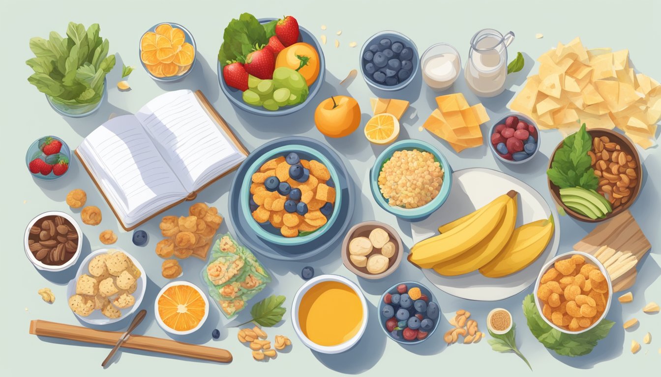 A table with a variety of healthy snacks and activities like yoga, reading, and painting to replace emotional eating during a weight loss journey