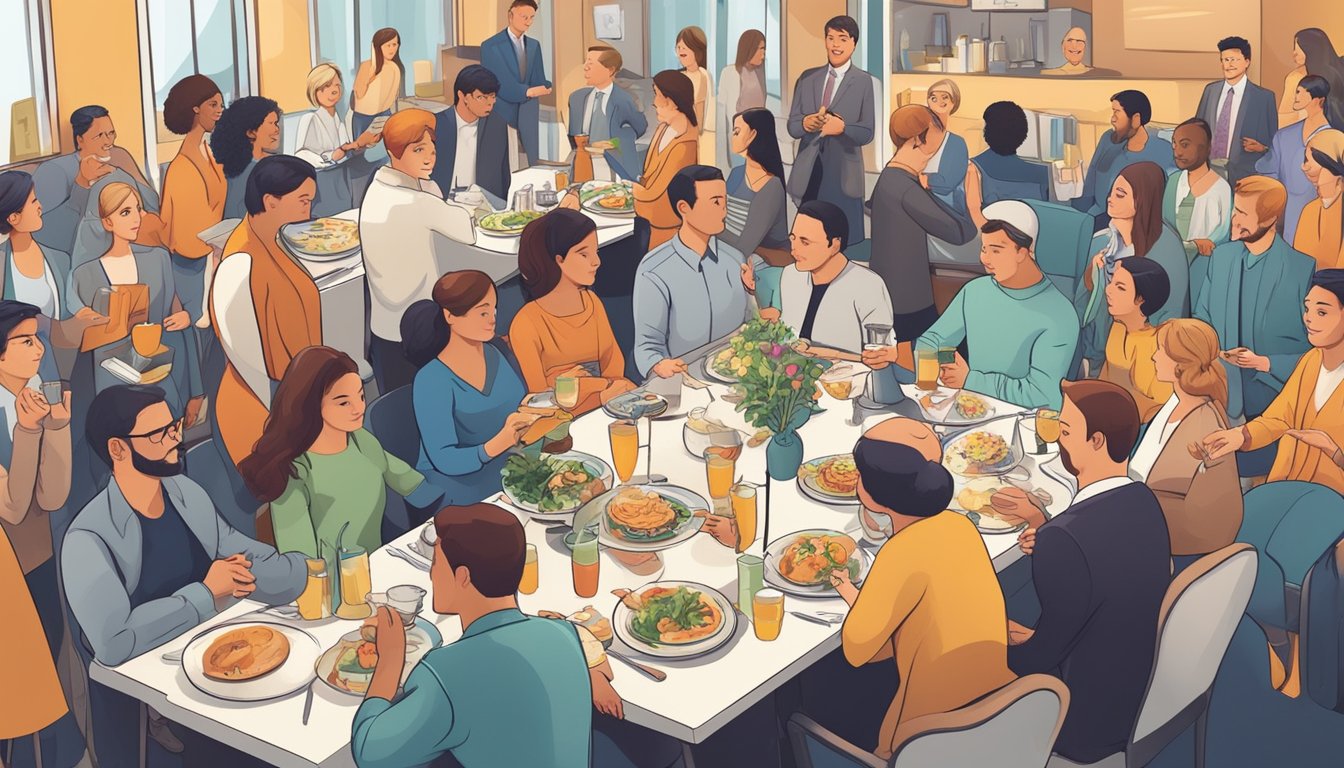 A person surrounded by various social situations, such as dining out, family gatherings, and office parties, with different strategies for handling each one