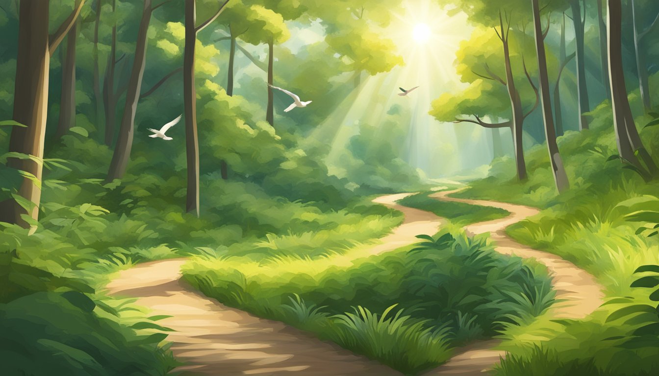 A winding trail through a lush forest, with sunlight filtering through the trees and birds chirping overhead