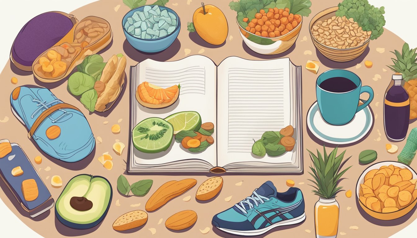 An open book surrounded by a variety of healthy snacks and activities, such as yoga mats and running shoes, to represent alternatives to emotional eating during a weight loss journey