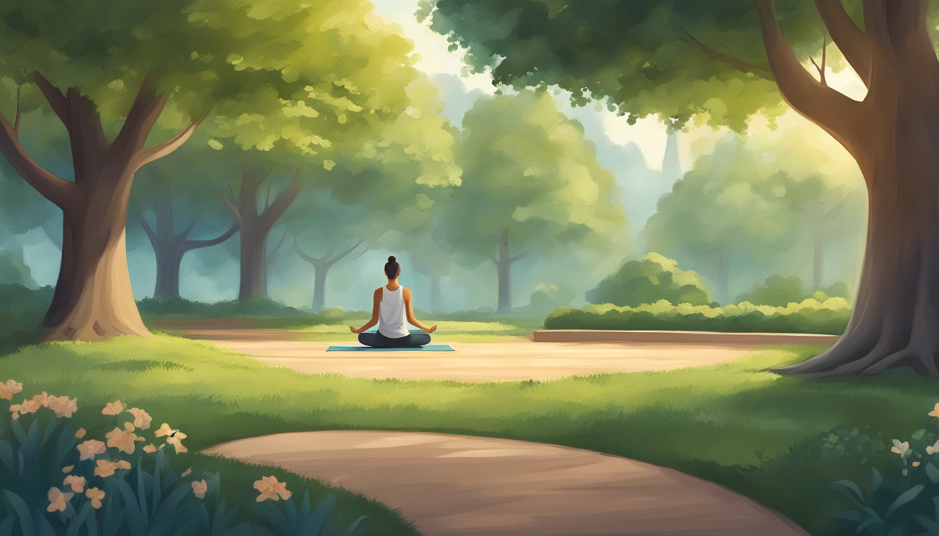 A serene park setting with a person practicing yoga surrounded by trees and nature, with a peaceful and relaxing atmosphere