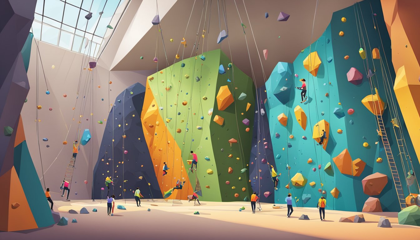 A colorful rock climbing gym with various walls, ropes, and holds. Climbers of different levels tackling the challenges