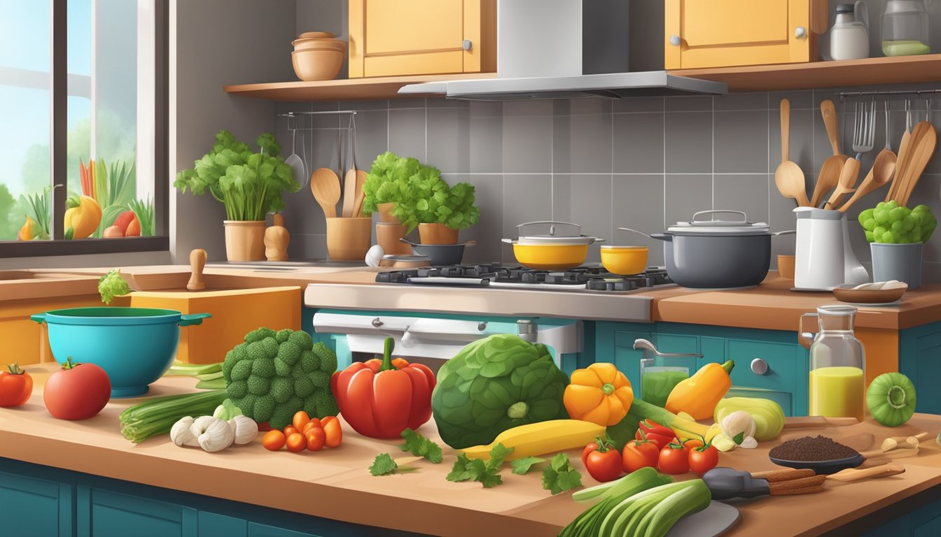 A colorful kitchen with fresh fruits and vegetables, a variety of spices, and cooking utensils neatly organized on the counter