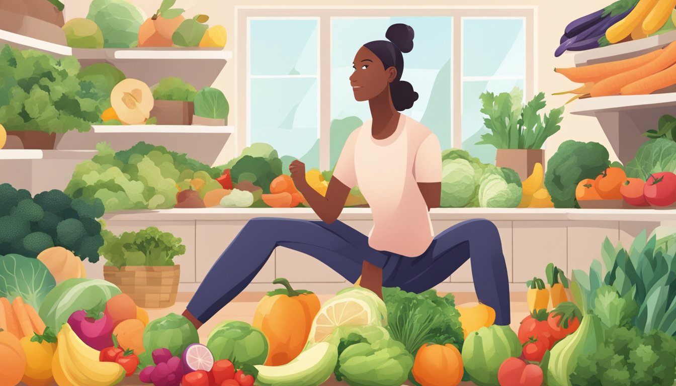 A person surrounded by fresh fruits and vegetables, exercising in a bright, airy space with a positive and determined expression