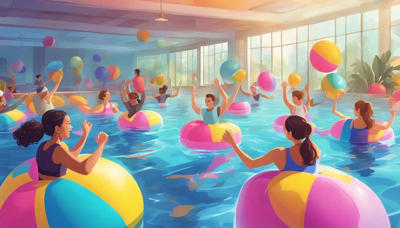 A group of people exercising in a pool, led by an instructor, surrounded by colorful floatation devices and upbeat music