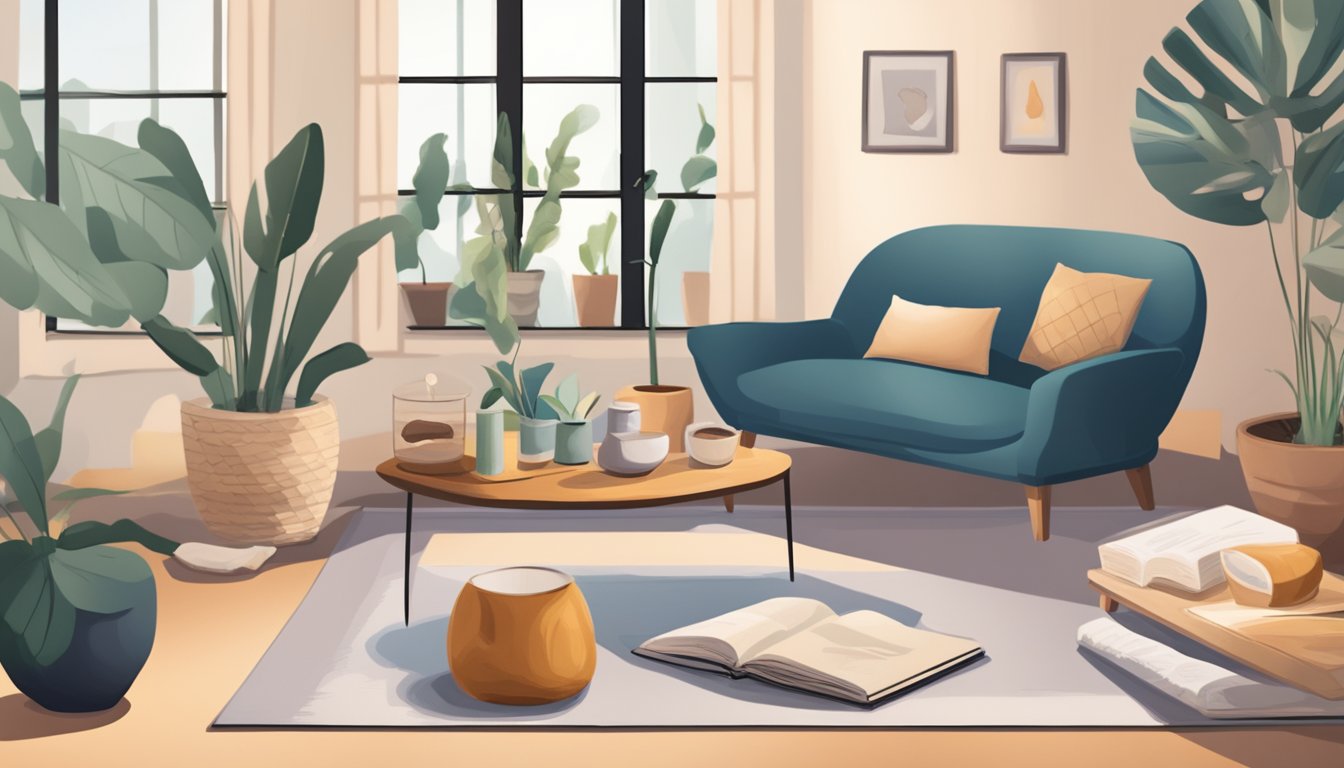 A cozy living room with a flickering scented candle, a yoga mat, a journal, and healthy snacks on a coffee table