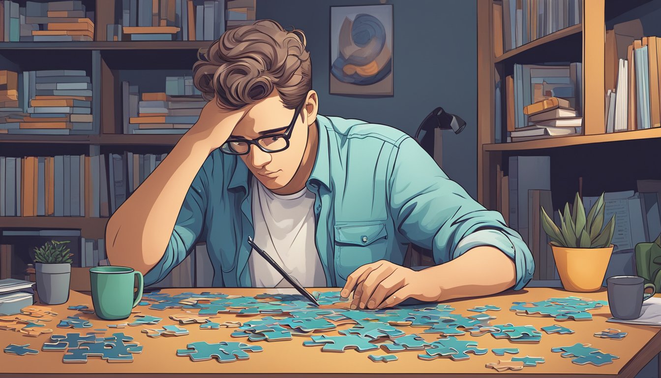 A person sitting at a table, surrounded by various puzzles and brain teasers, with a determined expression on their face as they focus on solving them