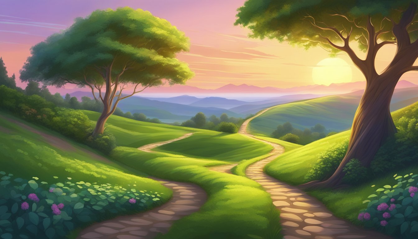 A winding path through a lush, vibrant landscape, leading towards a glowing horizon