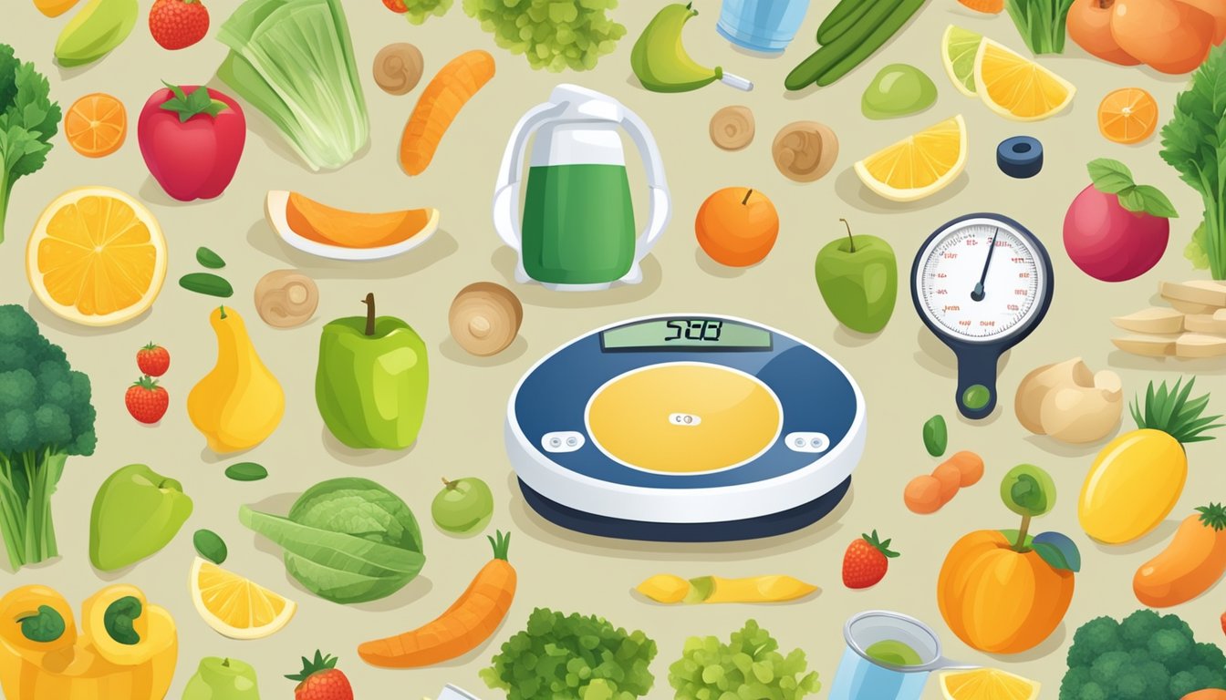 A smiling scale surrounded by healthy food and exercise equipment