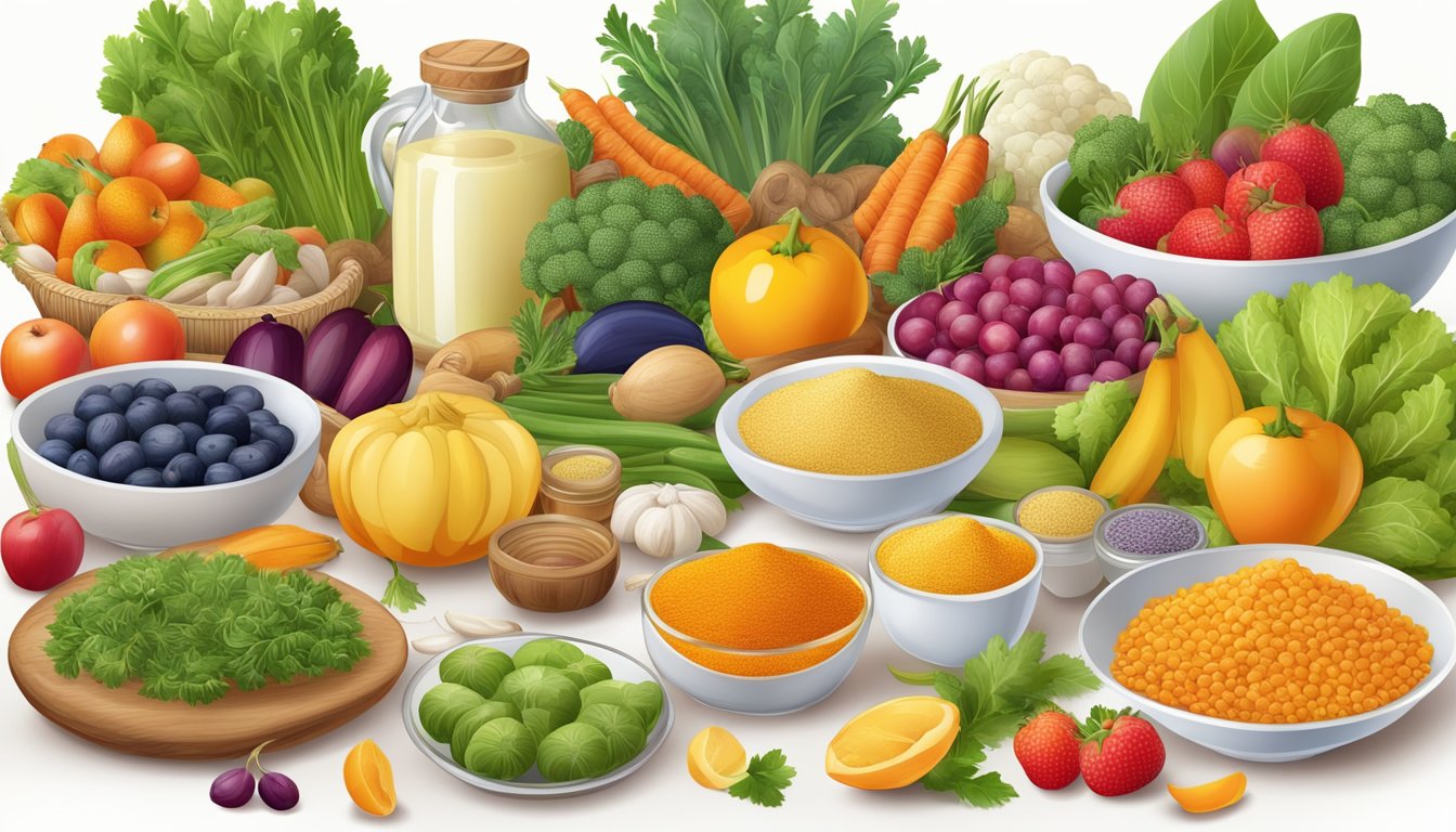 A table with a variety of foods, including saffron supplements, surrounded by colorful fruits and vegetables