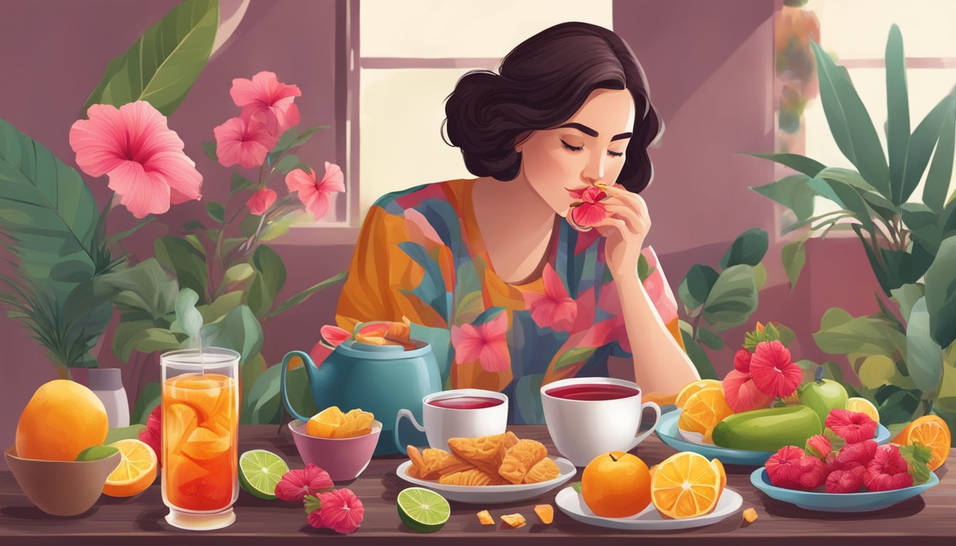 A woman sitting at a table, sipping hibiscus tea with a content expression, surrounded by various healthy snacks and fruits