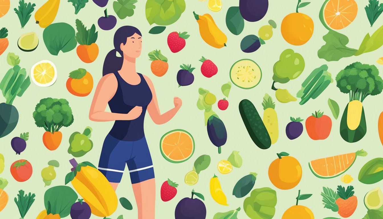 A person surrounded by fresh fruits and vegetables, exercising outdoors, and feeling rejuvenated