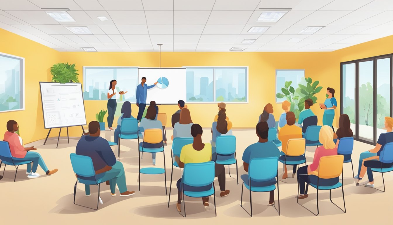 A group of people engage in behavioral coaching workshops and support groups for weight loss injections. The setting is a bright, welcoming room with comfortable seating and a whiteboard for educational presentations