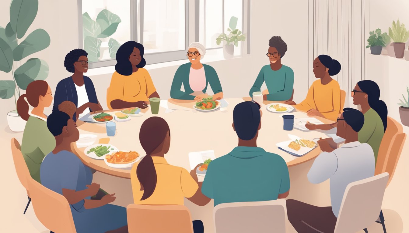 A circle of diverse individuals engaging in activities like group discussions, exercise, and meal planning, led by a dietitian in a supportive environment