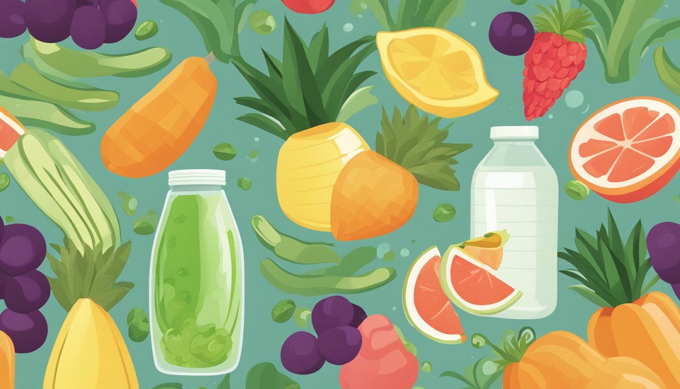 Aloe vera juice bottle surrounded by various fruits and vegetables, with a thought bubble showing cravings being curbed