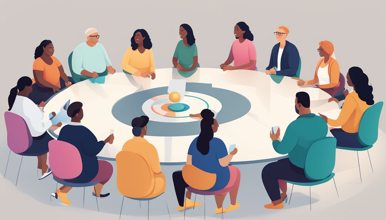 A circle of diverse individuals in a virtual setting, engaging in supportive discussions and sharing experiences related to weight loss injections