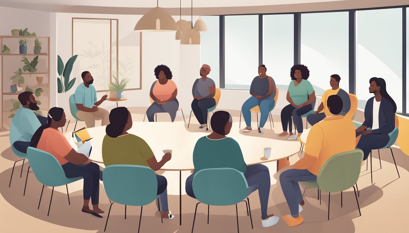 A circle of diverse individuals sitting in a support group setting, engaged in conversation and sharing experiences related to weight loss injections