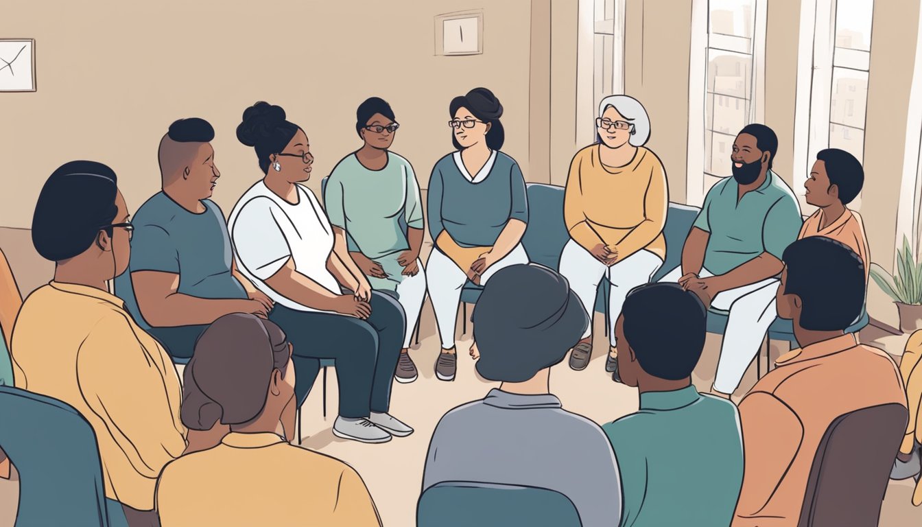 A circle of diverse individuals sit in a support group, sharing their experiences with weight loss injections. A facilitator leads the discussion in a welcoming, non-judgmental environment