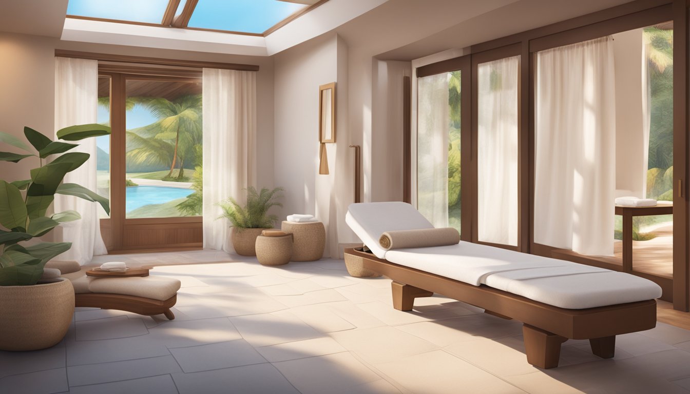 A serene spa setting with a massage table, fluffy towels, and calming decor