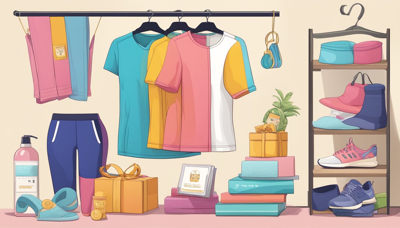 A colorful new workout outfit displayed on a hanger, surrounded by various non-food rewards such as a spa gift certificate, a book, and a movie ticket