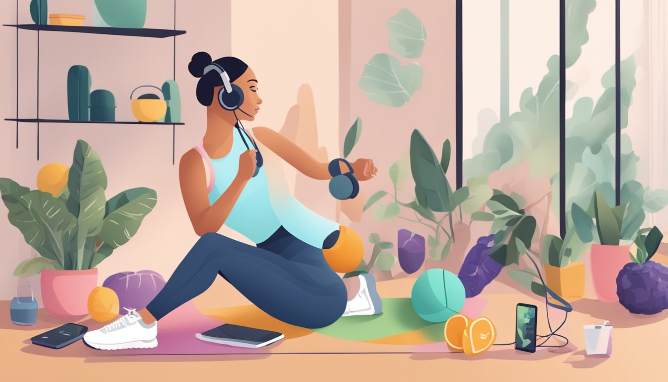 A woman listens to a podcast while exercising, surrounded by workout equipment and healthy snacks