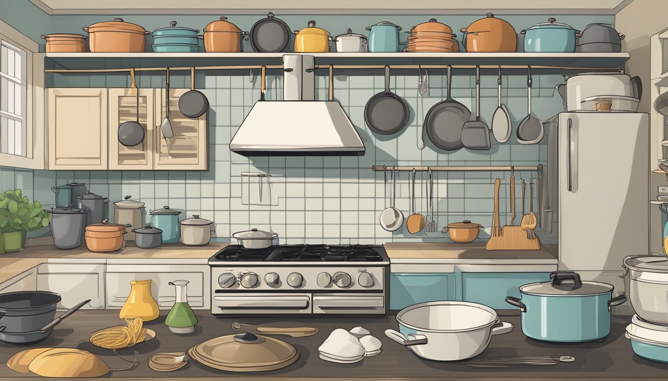 A kitchen with a chef's hat and apron hanging on a hook, surrounded by pots, pans, and cooking utensils. A scale with a tape measure sits on the counter