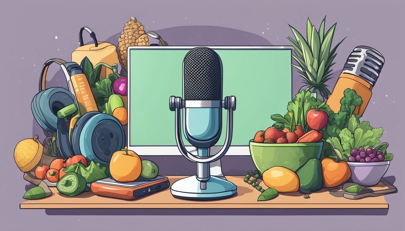 A microphone surrounded by fitness equipment and healthy food, with the podcast title displayed on a digital screen