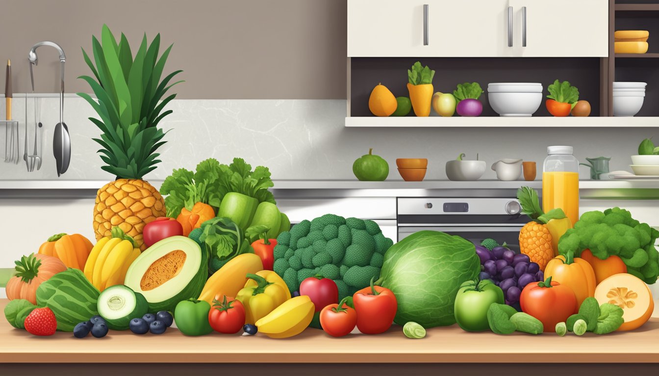 A colorful array of fresh fruits and vegetables arranged on a kitchen counter, with a variety of healthy cookbooks and a smartphone playing weight loss motivation podcasts