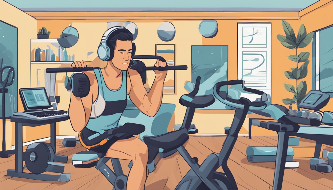 A person listening to a podcast while working out, surrounded by fitness equipment and motivational posters