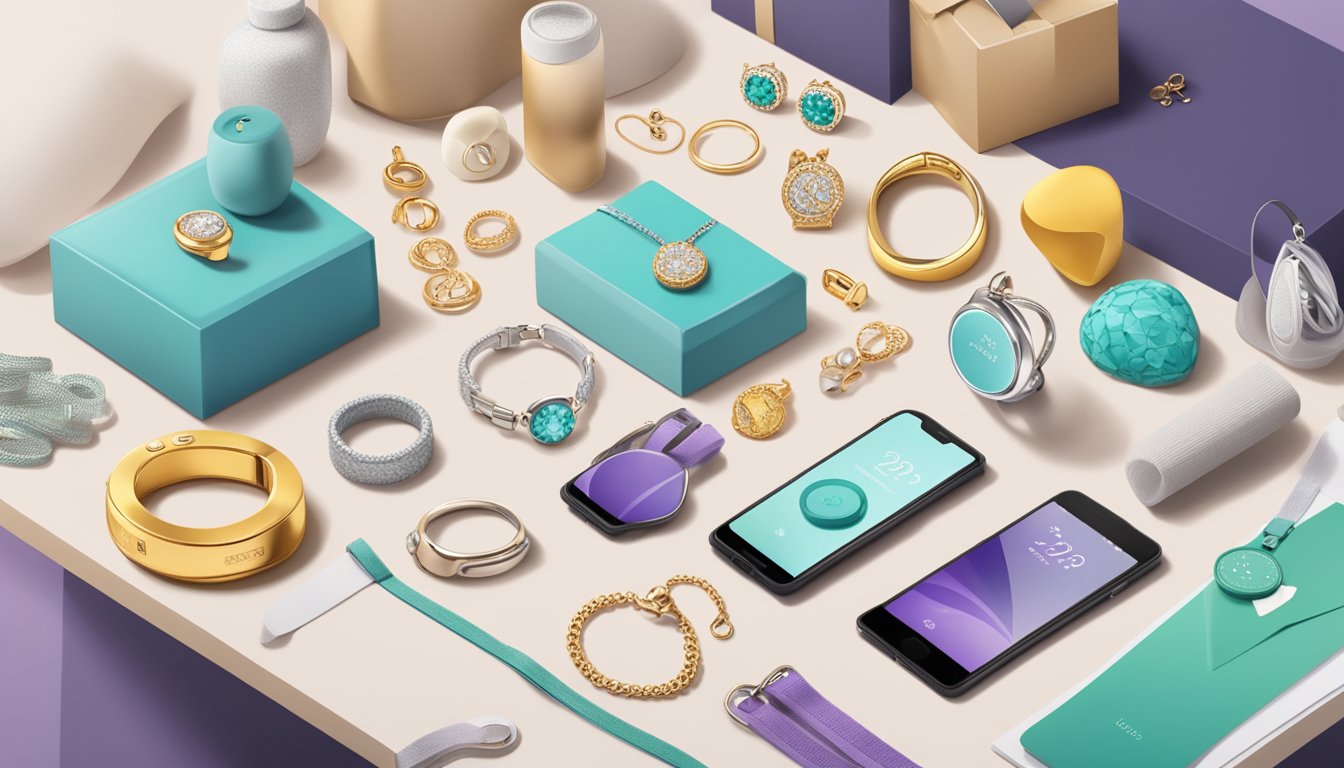 A collection of personalized jewelry items arranged on a table, surrounded by 13 non-food items such as a fitness tracker, a new workout outfit, and a spa gift certificate