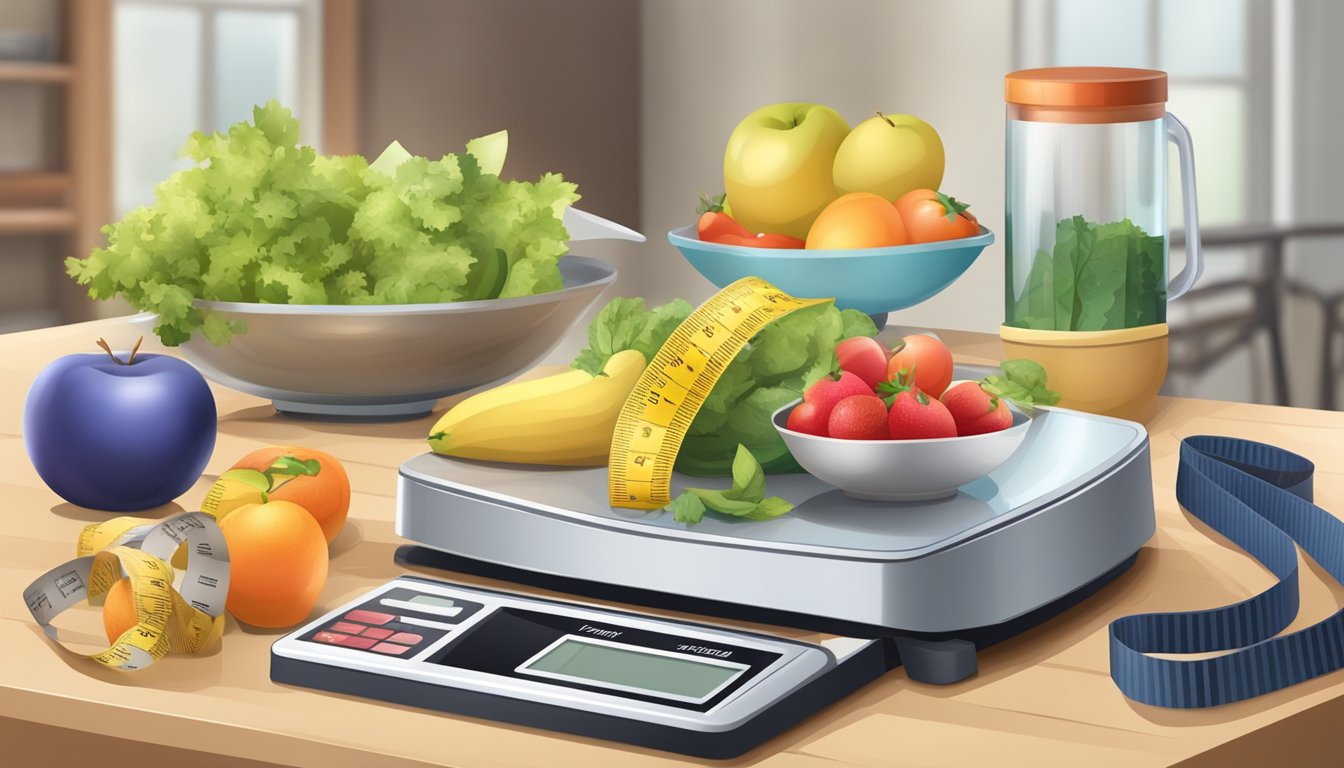 A scale surrounded by fitness equipment and a tape measure, with a healthy meal and a trophy on a table nearby