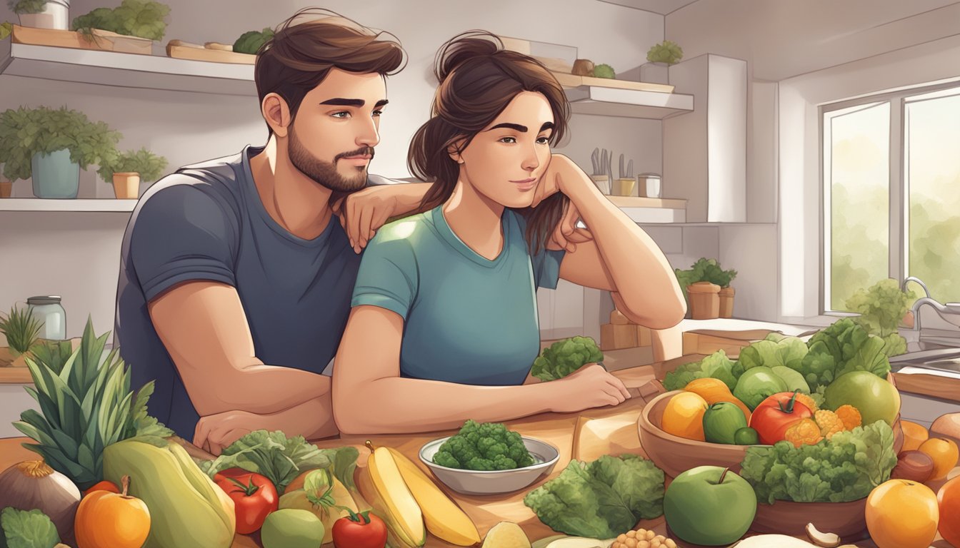 A couple sitting close, holding each other's gaze, surrounded by healthy food and exercise equipment, with a sense of determination and connection in their eyes