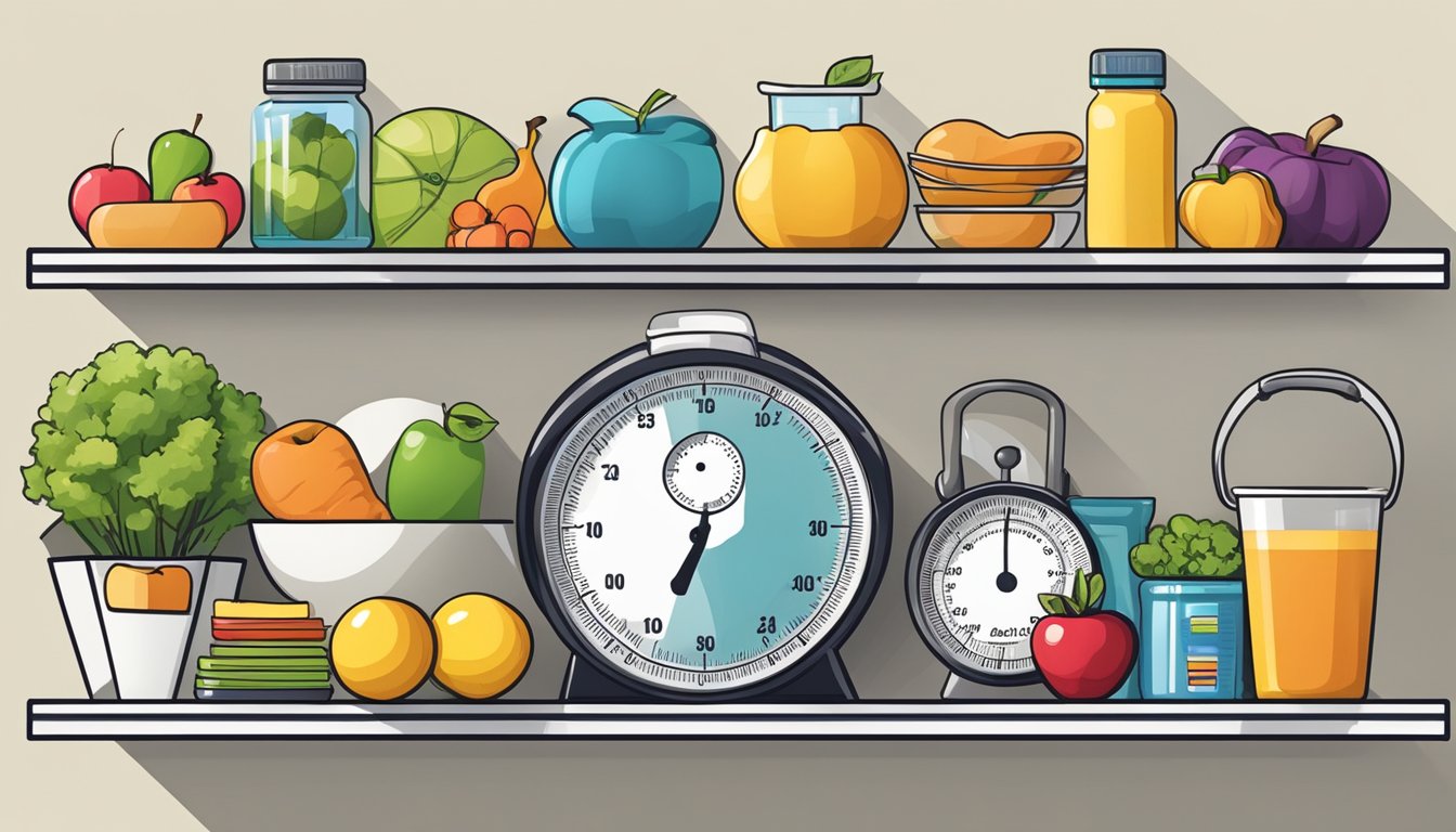 A shelf with 13 decorative items representing weight loss milestones, such as a scale, exercise equipment, and healthy food symbols