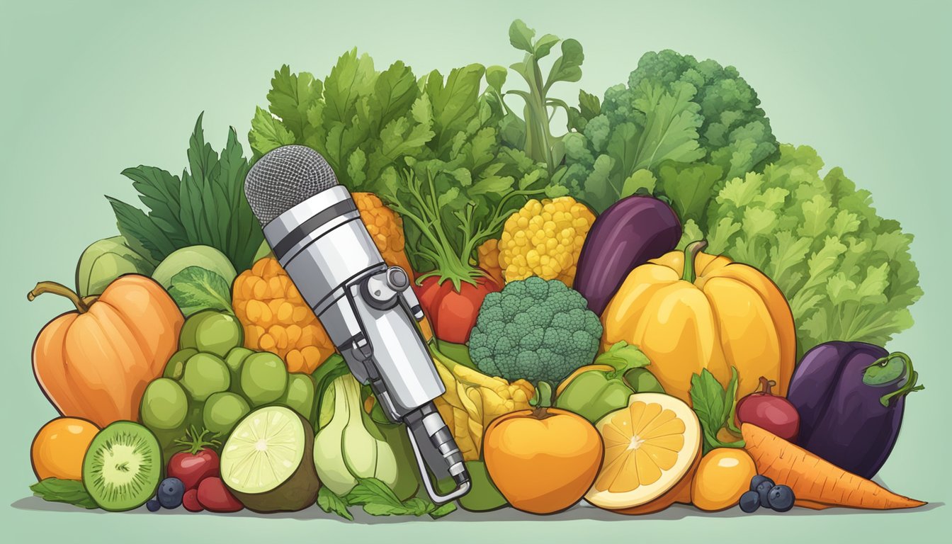 A microphone surrounded by fruits, vegetables, and a measuring tape, with a banner reading "Anchor Nutrition Health Show" by Monica Reinagel