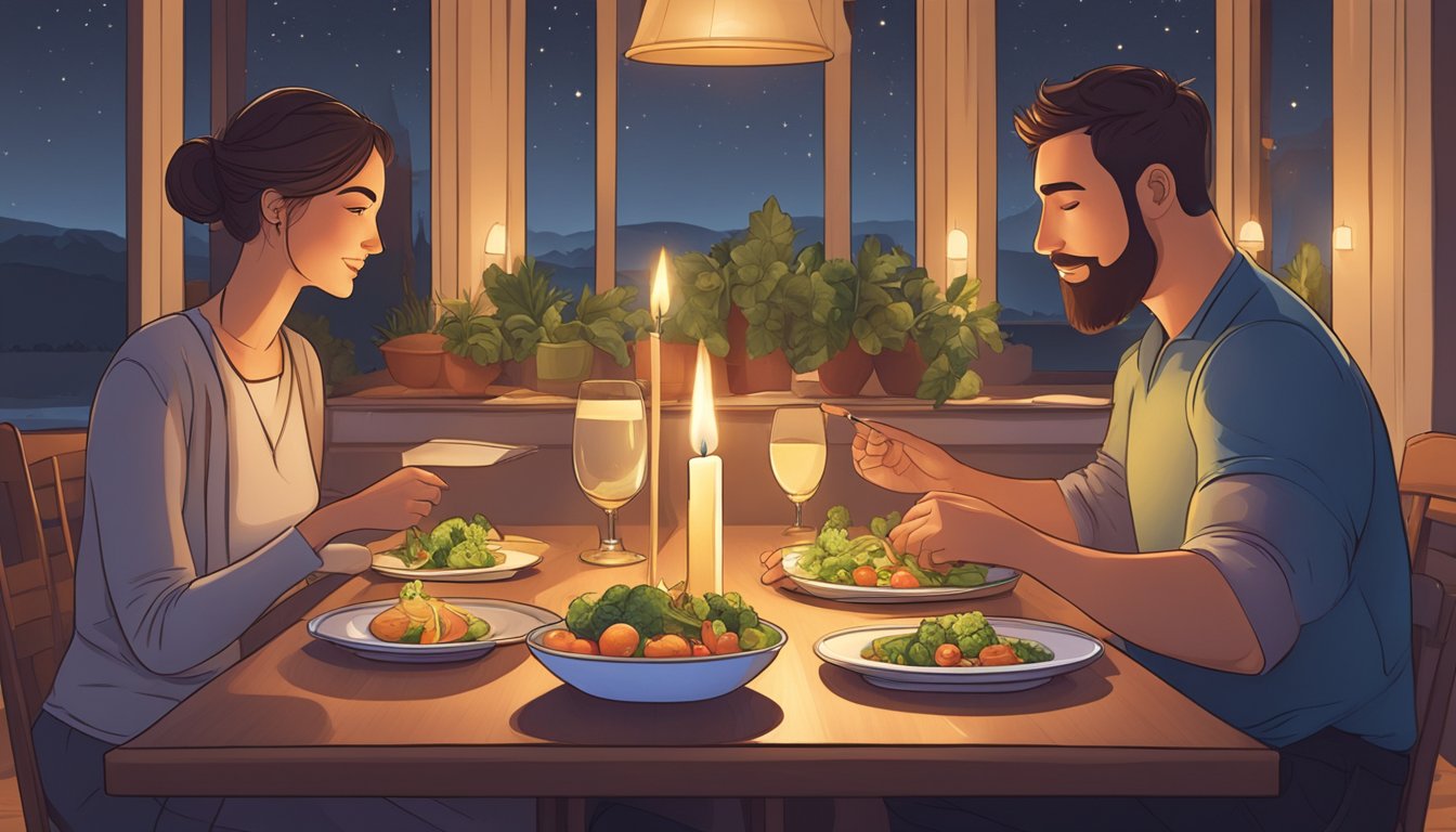 A couple sits at a candlelit table, enjoying a healthy meal together. A scale in the background symbolizes their journey through rapid weight loss