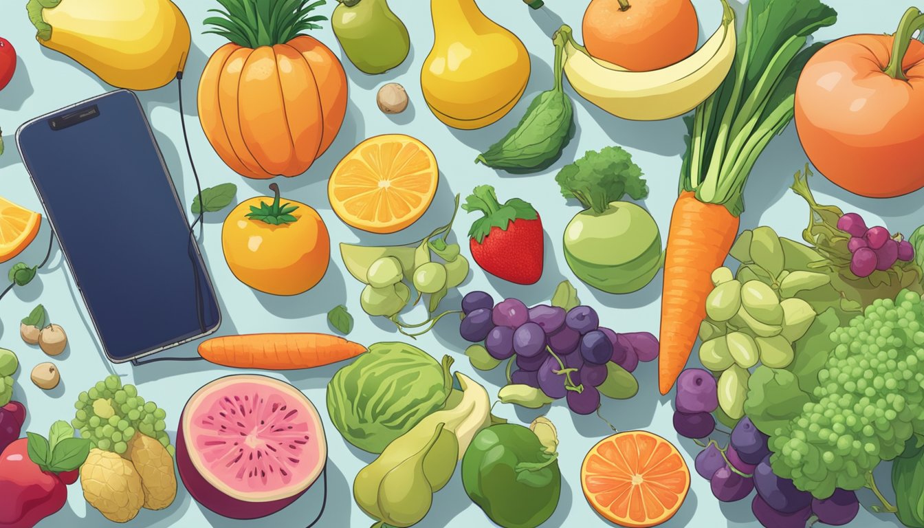 A colorful array of fresh fruits and vegetables arranged on a table, with a microphone and headphones nearby, representing the "Food Psych Podcast" by Christy Harrison