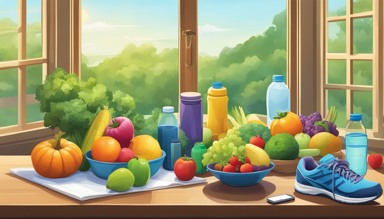 A table with a colorful array of fruits and vegetables, a scale, a water bottle, and a pair of running shoes sit in front of a window with a bright, sunny view