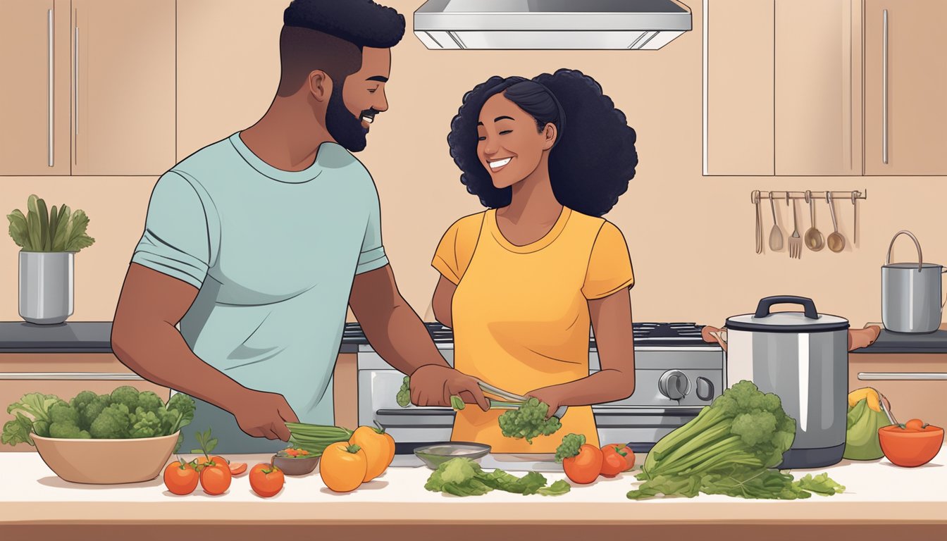 A couple exercising together, cooking healthy meals, and sharing a supportive embrace