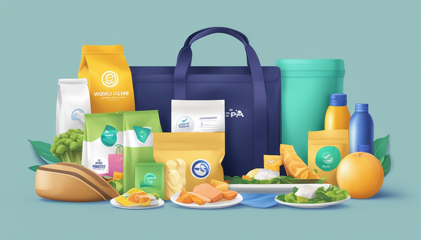 A colorful array of non-food rewards, such as workout gear, spa vouchers, and travel accessories, displayed around a meal delivery service logo